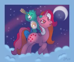 Size: 1200x1000 | Tagged: safe, artist:donkeyinthemiddle, derpibooru import, galaxy (g1), pony, unicorn, care bears, cloud, crossover, g1, moon, night, stargazing, stars, wish bear