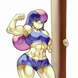Size: 2500x2500 | Tagged: suggestive, artist:zipskyblue, derpibooru import, bon bon, sweetie drops, all's fair in love and friendship games, equestria girls, abs, armpits, biceps, bon bombastic, breasts, busty bon bon, caber toss, clothes, deltoids, female, fetish, flexing, looking at you, muscle fetish, muscles, shorts, simple background, solo, solo female, sports bra, sports shorts, thighs, thunder thighs, triceps, watermark, white background