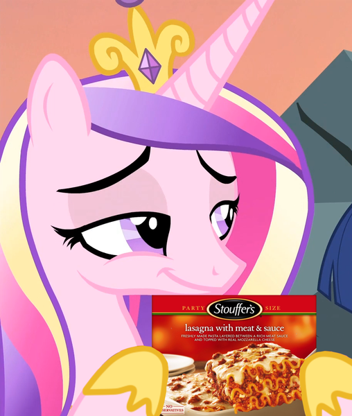 Size: 914x1080 | Tagged: safe, derpibooru import, edit, edited screencap, screencap, princess cadance, pony, three's a crowd, cropped, food, holding, lasagna, meat, meme, pasta, ponies eating meat, smiling, smirk, smug, solo