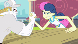 Size: 800x450 | Tagged: safe, derpibooru import, screencap, bon bon, bulk biceps, lyra heartstrings, sweetie drops, all's fair in love and friendship games, equestria girls, friendship games, angry, animated, arm wrestling, barbell, book, caber toss, eating, food, gif, hot dog, log, lyra scarfing down weiners, meat, phone book, sausage, steroids, training dummy, weights, yellow pages