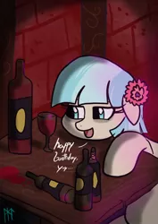 Size: 752x1063 | Tagged: safe, artist:ladycookie, derpibooru import, coco pommel, earth pony, pony, alcohol, anniversary, bags under eyes, drunk, flower, flower in hair, glass, go home you're drunk, happy birthday, leaning on table, lonely, speech, talking, wine, wine bottle, wine glass