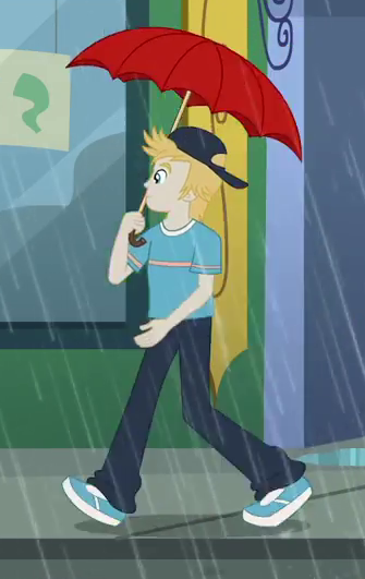 Size: 335x531 | Tagged: safe, derpibooru import, screencap, gold rush (character), eqg summertime shorts, equestria girls, monday blues, background human, clothes, male, pants, shoes, sneakers, solo, umbrella