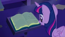 Size: 1440x811 | Tagged: safe, derpibooru import, screencap, twilight sparkle, twilight sparkle (alicorn), alicorn, pony, amending fences, book, dust, female, mare, open book, predictions and prophecies, solo, twilight's canterlot home