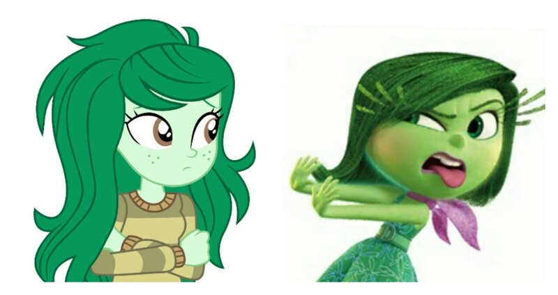 Size: 1275x675 | Tagged: safe, derpibooru import, wallflower blush, equestria girls, equestria girls series, forgotten friendship, abuse, background pony strikes again, comparison, disgust (inside out), green, inside out, op isn't even trying anymore, wallflowerbuse