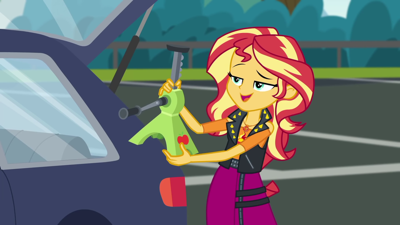 Size: 1920x1080 | Tagged: safe, derpibooru import, screencap, sunset shimmer, driving miss shimmer, equestria girls, equestria girls series, apple jack (tool), car, driving miss shimmer: applejack, pun, solo, visual pun