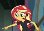 Size: 1409x983 | Tagged: safe, derpibooru import, screencap, sunset shimmer, all the world's off stage, equestria girls, equestria girls series, all the world's off stage: twilight sparkle, cropped, pointing, solo