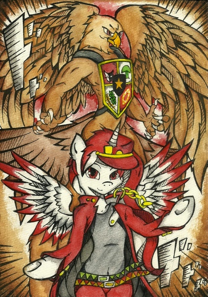 Size: 1644x2335 | Tagged: anthro, artist:canvymamamoo, bird, derpibooru import, eagle, emblem, garuda, indonesia, jojo's bizarre adventure, nation ponies, oc, oc:indonisty, safe