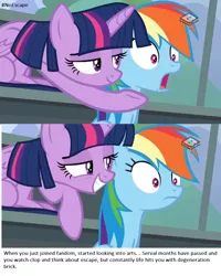 Size: 960x1201 | Tagged: suggestive, derpibooru import, edit, edited screencap, screencap, rainbow dash, twilight sparkle, twilight sparkle (alicorn), alicorn, pony, the washouts (episode), boomerang (tv channel), caption, duo, female, grin, image macro, implied clopping, lidded eyes, mare, meme, obsession, smiling, text, the ride never ends