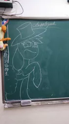 Size: 2368x4208 | Tagged: applejack, applejack's hat, artist:twinblade edge, chalkboard, chinese character, cowboy hat, derpibooru import, hat, irl, looking at you, monochrome, photo, raised hoof, safe, smiling, solo