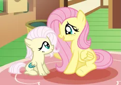 Size: 625x437 | Tagged: safe, artist:nocturna76, derpibooru import, fluttershy, oc, oc:harmony (nocturna76), hybrid, pony, female, interspecies offspring, mother and child, mother and daughter, offspring, parent:discord, parent:fluttershy, parents:discoshy