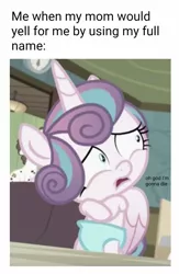 Size: 861x1321 | Tagged: safe, derpibooru import, edit, edited screencap, editor:apex soundwave, screencap, princess flurry heart, alicorn, pony, a flurry of emotions, '90s, baby, caption, female, filly, horrified, image macro, implied princess cadance, oh god, scared, solo focus, terrified, text
