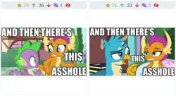 Size: 610x333 | Tagged: and then there's this asshole, caption, derpibooru, derpibooru import, edit, edited screencap, father knows beast, gallus, irony, juxtaposition, meme, meta, pointing, safe, screencap, smolder, spike, vulgar, what lies beneath