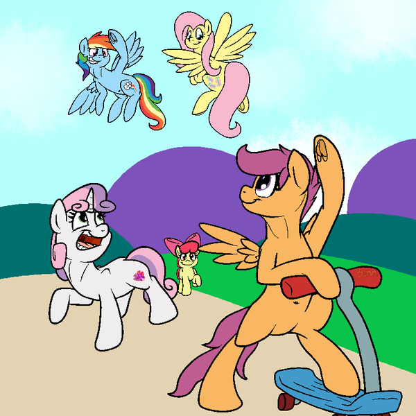 Size: 800x800 | Tagged: apple bloom, artist:bennimarru, bipedal, colored, cutie mark crusaders, derpibooru import, flat colors, fluttershy, frog (hoof), one hoof raised, open mouth, rainbow dash, safe, scootaloo, scooter, simple background, smiling, sweetie belle, underhoof, waving