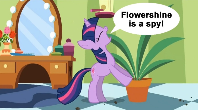 Size: 854x475 | Tagged: derpibooru import, edit, edited screencap, exploitable meme, forced meme, green isn't your color, meme, potted plant, safe, screencap, secret pot meme, solo, speech bubble, twilight sparkle