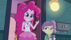 Size: 1920x1080 | Tagged: safe, derpibooru import, screencap, lily pad (equestria girls), pinkie pie, equestria girls, equestria girls series, pinkie sitting, creepy, creepy smile, geode of sugar bombs, i need an adult, magical geodes, out of context, smiling, young