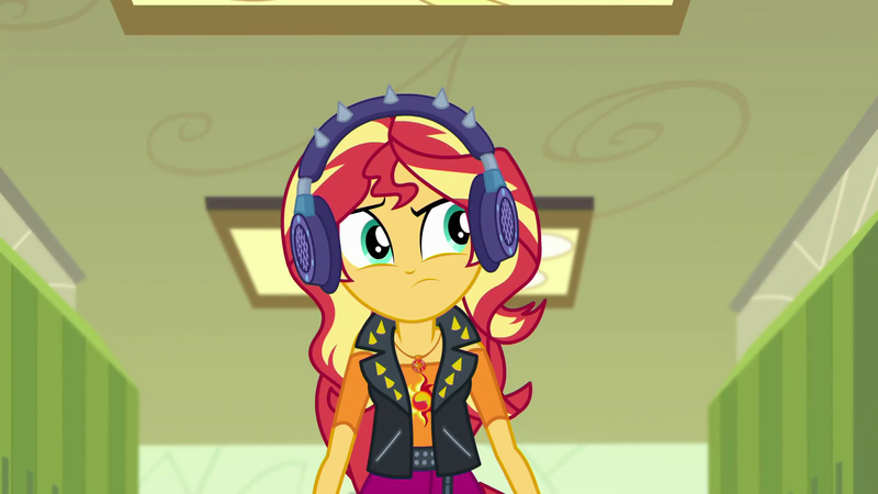 Size: 1920x1080 | Tagged: safe, derpibooru import, screencap, sunset shimmer, equestria girls, equestria girls series, overpowered (equestria girls), earmuffs, geode of empathy, hascon, headphones, magical geodes, solo