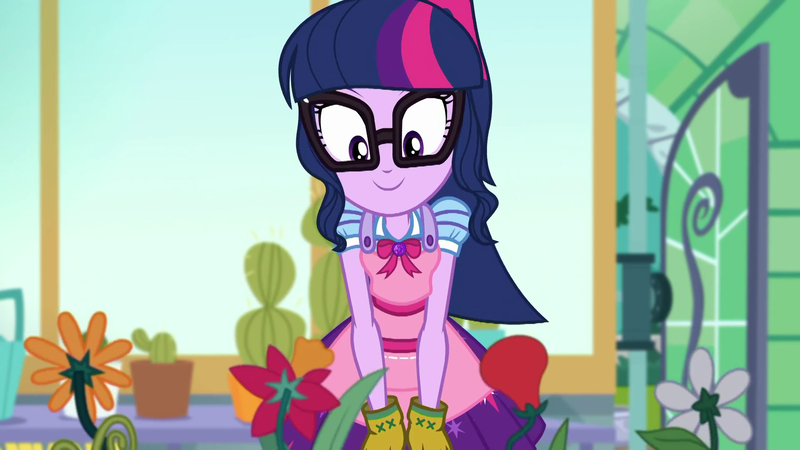 Size: 1920x1080 | Tagged: safe, derpibooru import, screencap, sci-twi, twilight sparkle, equestria girls, equestria girls series, my little shop of horrors, apron, cactus, celestia's house, clothes, cute, flower, geode of telekinesis, glasses, gloves, magical geodes, plants, solo, twiabetes