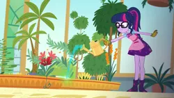 Size: 1920x1080 | Tagged: safe, derpibooru import, screencap, sci-twi, twilight sparkle, equestria girls, equestria girls series, my little shop of horrors, apron, boots, celestia's house, clothes, cute, geode of telekinesis, glasses, gloves, greenhouse, magical geodes, palm tree, plant, plants, ponytail, room to grow, shoes, skirt, solo, tree, twiabetes, watering can