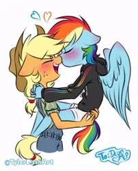 Size: 720x889 | Tagged: safe, artist:tylerdashart, derpibooru import, applejack, rainbow dash, anthro, earth pony, pegasus, appledash, applejack's hat, blushing, clothes, cowboy hat, eyes closed, female, freckles, gift art, hat, heart, kissing, lesbian, open mouth, pants, shipping, shirt, shorts, signature, simple background, sweater, white background