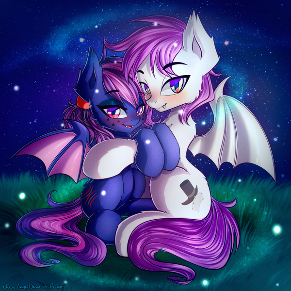 Size: 3000x3000 | Tagged: safe, artist:chaosangeldesu, derpibooru import, oc, oc:evening's dawn, oc:nebulous (bat), bat pony, pony, bat pony oc, bat wings, blushing, couple, cute, night, stars, wings