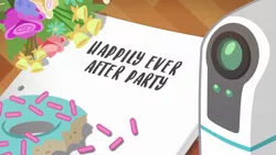 Size: 1280x720 | Tagged: safe, derpibooru import, screencap, equestria girls, equestria girls series, happily ever after party, choose your own ending (season 1), donut, flower, food, no pony, projector, title card