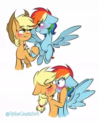 Size: 843x1041 | Tagged: safe, artist:tylerdashart, derpibooru import, applejack, rainbow dash, earth pony, pegasus, pony, appledash, applejack's hat, art trade, blushing, cowboy hat, digital art, eyes closed, female, freckles, hat, holding hooves, kissing, lesbian, looking at each other, mare, raised hoof, shipping, simple background, smiling, white background, wings