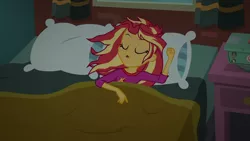 Size: 1920x1080 | Tagged: safe, derpibooru import, screencap, sunset shimmer, eqg summertime shorts, equestria girls, monday blues, bed, sleeping, solo, sunset's apartment