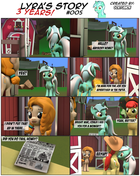 Size: 3929x4925 | Tagged: 3d, artist:goatcanon, barn, bright mac, comic, comic:lyra's story, derpibooru import, levitation, lyra heartstrings, magic, newspaper, pear butter, safe, source filmmaker, sweet apple acres, telekinesis