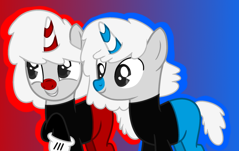 Size: 2272x1436 | Tagged: safe, artist:blazingpegasus55, derpibooru import, ponified, pony, unicorn, base used, blue nose, clothes, crossover, cuphead, cuphead (character), gloves, hasbro, hasbro studios, long sleeves, mugman, red nose, shorts, studio mdhr