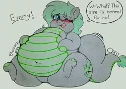 Size: 2004x1407 | Tagged: safe, artist:dorky-oreo-pone, derpibooru import, oc, oc:emilia 'emmy' emberseed, dracony, dragon, hybrid, pony, belly, belly button, big belly, blushing, chubby cheeks, dialogue, embarrassed, fat, female, huge belly, leaning back, obese, open mouth, simple background, solo, squishy, stomach noise, traditional art, weight gain