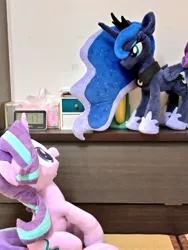 Size: 768x1024 | Tagged: safe, artist:nekokevin, derpibooru import, princess luna, starlight glimmer, alicorn, pony, unicorn, series:nekokevin's glimmy, cute, duo, female, glimmerbetes, hoof shoes, irl, jewelry, looking at each other, mare, open mouth, peytral, photo, plushie, regalia, sitting, smiling