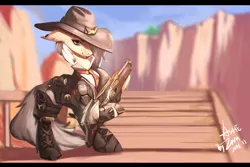 Size: 3000x2000 | Tagged: safe, artist:theprince, derpibooru import, ponified, earth pony, pony, ashe (overwatch), clothes, cowboy hat, crossover, female, gun, hat, lever action rifle, mare, overwatch, rifle, smiling, solo, stetson, weapon