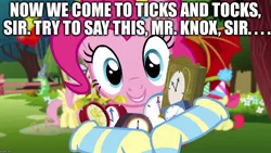 Size: 1280x720 | Tagged: apple bloom, balloon, caption, clock, clothes, derpibooru import, dr. seuss, fluttershy, fluttershy's cottage, fox in socks, gummy, happy birthday to you!, hat, image macro, manticore, party hat, pinkie pie, ponies in socks, quote, safe, socks, solo focus, striped socks, sweetie belle, text