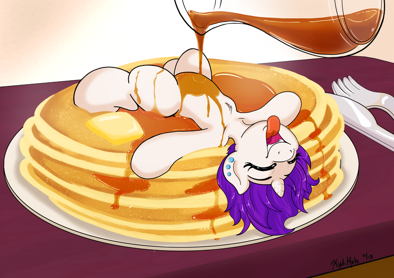 Size: 4631x3273 | Tagged: safe, artist:kyokimute, derpibooru import, oc, oc:kyoponi, unofficial characters only, unicorn, ear piercing, food, i'm pancake, lying down, micro, not rarity, open mouth, pancakes, piercing, ponies in food, pouring, small pony, syrup, tongue out, warm, warmth