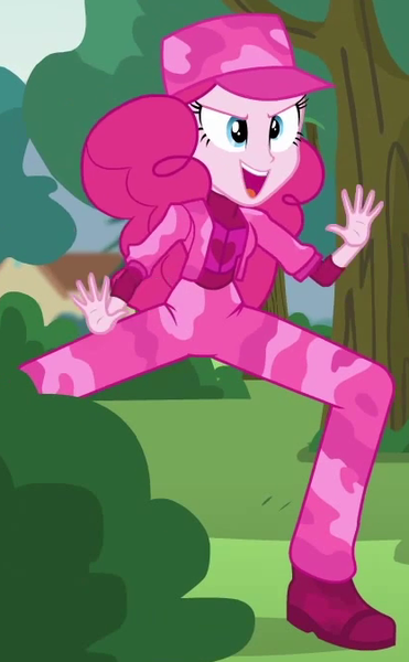 Size: 417x674 | Tagged: safe, derpibooru import, screencap, pinkie pie, equestria girls, friendship games, pinkie spy (short), camouflage, jazz hands, long legs, outfit catalog, solo