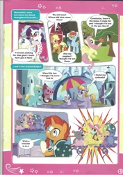 Size: 826x1169 | Tagged: safe, derpibooru import, amber waves, amethyst maresbury, applejack, bright smile, brutus force, castle (crystal pony), fluttershy, rainbow dash, rarity, sunburst, pony, book, comic, diaper, foal, magazine scan, the quest for the lost toy