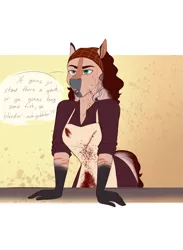 Size: 1397x1908 | Tagged: semi-grimdark, artist:blackblood-queen, derpibooru import, oc, oc:primrose, unofficial characters only, anthro, earth pony, anthro oc, apron, blood, butcher, butcher's apron, clothes, dialogue, female, freckles, heterochromia, image, png