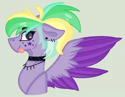 Size: 1018x785 | Tagged: safe, artist:space--paws0w0, derpibooru import, oc, oc:sky 'strings' star, unofficial characters only, pegasus, pony, choker, clothes, ear piercing, earring, female, gray background, jewelry, mare, necklace, piercing, ponytail, simple background, socks, solo, striped socks, tattoo