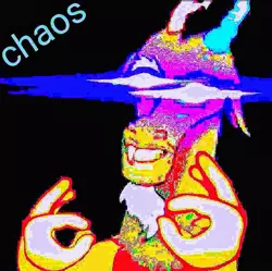 Size: 1079x1074 | Tagged: 👌, artist needed, black background, chaos, deep fried meme, derpibooru import, discord, draconequus, editor:apex soundwave, emoji, glowing eyes, glowing eyes meme, male, meme, safe, simple background, solo, source needed