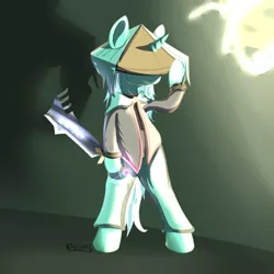 Size: 800x800 | Tagged: safe, artist:cheshiresdesires, derpibooru import, lyra heartstrings, pony, unicorn, badass, bipedal, clothes, crossover, dust (character), dust: an elysian tail, hat, hidden eyes, parody, sword, weapon