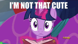 Size: 634x357 | Tagged: safe, derpibooru import, edit, edited screencap, screencap, twilight sparkle, twilight sparkle (alicorn), alicorn, pony, a hearth's warming tail, animated, bashful, blatant lies, blush sticker, blushing, book, bronybait, caption, cute, daaaaaaaaaaaw, denial, discovery family logo, embarrassed, facebooking, female, floppy ears, gif, gif with captions, hiding, hnnng, i'm not cute, image macro, levitation, magic, mare, shifty eyes, smiling, telekinesis, text, twiabetes