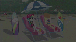 Size: 1280x720 | Tagged: safe, derpibooru import, screencap, applejack, rainbow dash, equestria girls, equestria girls series, lost and found, animated, applejack's hat, beach, clothes, cowboy hat, crossed legs, feet, flip-flops, geode of super speed, geode of super strength, glasses, hat, magical geodes, relaxing, sandals, sexy, shorts, sound, stetson, sunglasses, surfboard, swimming trunks, swimsuit, webm