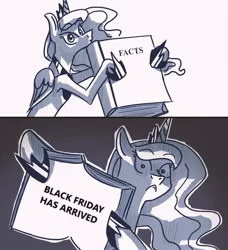 Size: 546x600 | Tagged: safe, artist:askbestprincessluna, artist:quarium edits, derpibooru import, princess luna, pony, black friday, exploitable meme, facts, grayscale, image macro, luna's fact book, meme, meme template, monochrome, solo, twilight's fact book