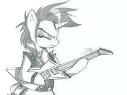Size: 1280x964 | Tagged: safe, artist:danli69, derpibooru import, rarity, pony, unicorn, it isn't the mane thing about you, alternate hairstyle, clothes, eyes closed, female, guitar, mare, monochrome, musical instrument, punk, raripunk, signature, solo