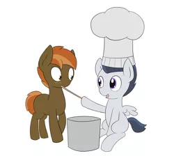 Size: 3000x2840 | Tagged: safe, artist:triplesevens, derpibooru import, button mash, rumble, pony, blushing, chef's hat, foal, gay, hat, male, rumblemash, shipping, simple background