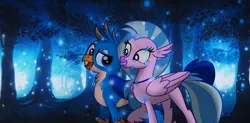 Size: 6467x3170 | Tagged: safe, artist:ejlightning007arts, derpibooru import, gallus, silverstream, classical hippogriff, firefly (insect), gryphon, hippogriff, insect, blue background, fanfic art, female, forest, gallstream, male, romantic, shipping, simple background, straight, textless