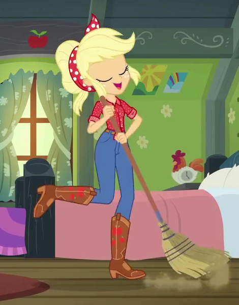 Size: 741x945 | Tagged: safe, derpibooru import, screencap, applejack, equestria girls, equestria girls series, five to nine, applejack's bedroom, boots, clothes, cowboy boots, cropped, eyes closed, female, geode of super strength, magical geodes, pants, shoes, solo