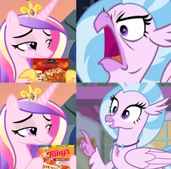 Size: 1256x1248 | Tagged: safe, derpibooru import, edit, edited screencap, screencap, princess cadance, silverstream, classical hippogriff, hippogriff, pony, three's a crowd, what lies beneath, angry, birb, cheap, cropped, faic, female, food, frown, glare, holding, lasagna, meat, meme, open mouth, pasta, peetzer, pepperoni, pepperoni pizza, pizza, ponies eating meat, smiling, smirk, smug, solo, spread wings, that pony sure does love pizza, wings