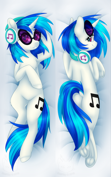 Size: 2835x4535 | Tagged: safe, artist:doekitty, derpibooru import, vinyl scratch, pony, unicorn, body pillow, body pillow design, butt, chest fluff, dock, female, frog (hoof), headphones, looking at you, looking back, looking back at you, mare, plot, smiling, solo, sunglasses, underhoof