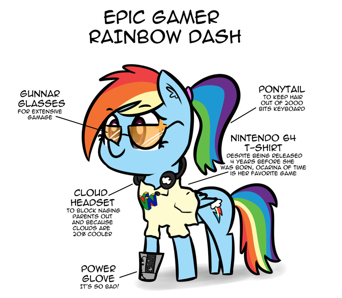 Size: 1745x1522 | Tagged: safe, artist:artiks, derpibooru import, rainbow dash, pegasus, pony, 1337, 20% cooler, alternate hairstyle, clothes, cyberpunk, epic, female, glasses, headset, mare, misspelling, nintendo 64, ponytail, power glove, shirt, smiling, solo, t-shirt